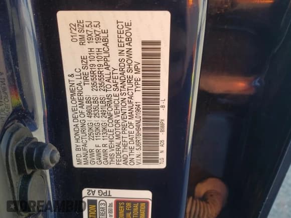 ✅ 2022 Honda CR-V Touring • VIN: 5J6RT6H94NL019641 • Lot: 85909225. Listed on Copart with 50,202 mi. Free auction sales archive from the USA and detailed vehicle history report at DreamBid. Image 14.