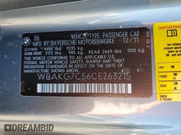 ✅ 2012 BMW 3 Series 335i • VIN: WBAKG7C56CE263215 • Lot: 68337425. Listed on Copart with 140,475 mi. Free auction sales archive from the USA and detailed vehicle history report at DreamBid. Image 12.