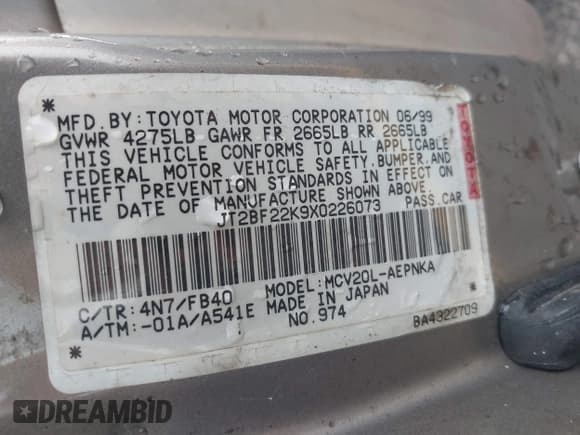 ✅ 1999 Toyota Camry LE • VIN: JT2BF22K9X0226073 • Lot: 42902726. Listed on IAAI with 264,241 mi. Free auction sales archive from the USA and detailed vehicle history report at DreamBid. Image 9.