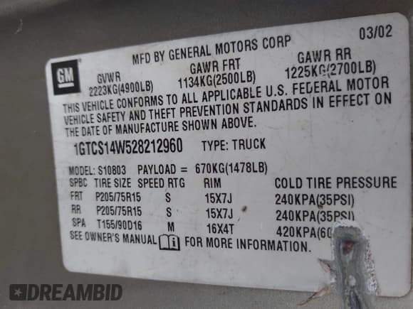 ✅ 2002 GMC Sonoma SLS • VIN: 1GTCS14W528212960 • Лот: 42658195. Опубликован ранее на IAAI с пробегом 189 885 миль. Бесплатный доступ к архиву аукционных продаж из США и подробный отчёт об истории автомобиля на DreamBid. Изображение 9.