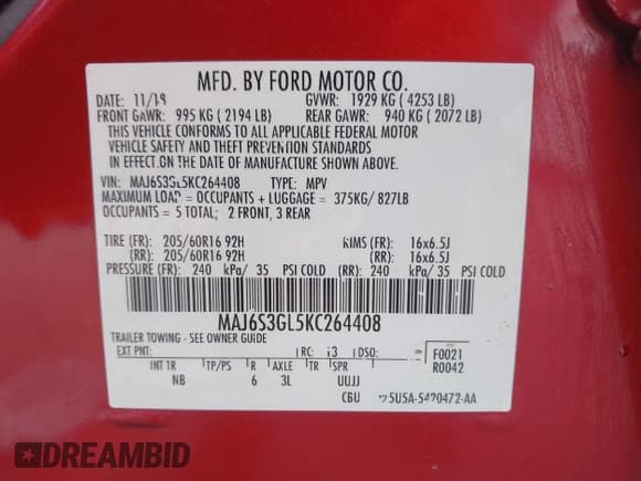 ✅ 2019 Ford EcoSport SE • VIN: MAJ6S3GL5KC264408 • Лот: 43487262. Опубликован ранее на IAAI с пробегом 64 206 миль. Бесплатный доступ к архиву аукционных продаж из США и подробный отчёт об истории автомобиля на DreamBid. Изображение 9.