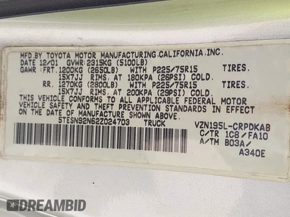 ✅ 2002 Toyota Tacoma PreRunner • VIN: 5TESN92N62Z024703 • Lot: 42511872. Listed on IAAI with 287,828 mi. Free auction sales archive from the USA and detailed vehicle history report at DreamBid. Image 9.
