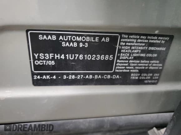 ✅ 2006 Saab 9-3 Aero • VIN: YS3FH41U761023685 • Lot: 49630825. Wystawiony na Copart z przebiegiem 223 420 mil. Bezpłatny archiwum sprzedaży aukcyjnych z USA i szczegółowy raport historii pojazdu na DreamBid. Zdjęcie 13.