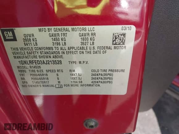 2010 Chevrolet Traverse 1LT с VIN 1GNLRFED3AJ213528, выставлен на аукционе IAAI как лот 43477350 с пробегом 165 653 миль миль и . История ставок и продаж доступна на DreamBid. Изображение 9.