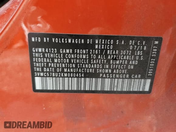 ✅ 2019 Volkswagen Jetta S • VIN: 3VWC57BU2KM080454 • Lot: 58015095. Listed on Copart with 217,514 mi. Free auction sales archive from the USA and detailed vehicle history report at DreamBid. Image 12.