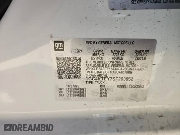 2025 Chevrolet Silverado 3500HD LT с VIN 1GC4KTEY7SF203852, выставлен на аукционе Copart как лот 70980815 с пробегом Не указан миль и Списание • Salvage title. История ставок и продаж доступна на DreamBid. Изображение 12.