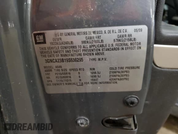 ✅ 2009 Chevrolet HHR 1LT • VIN: 3GNCA23B19S636295 • Lot: 88659565. Listed on Copart with 250,842 mi. Free auction sales archive from the USA and detailed vehicle history report at DreamBid. Image 15.