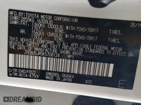 ✅ 2019 Toyota 4Runner Limited Nightshade • VIN: JTEBU5JR5K5708124 • Lot: 69173945. Listed on Copart with 100,958 mi. Free auction sales archive from the USA and detailed vehicle history report at DreamBid. Image 13.