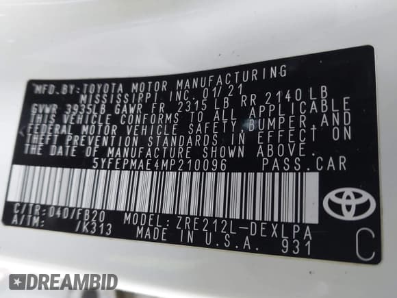 ✅ 2021 Toyota Corolla LE • VIN: 5YFEPMAE4MP210096 • Lot: 43752118. Listed on IAAI with 77,224 mi. Free auction sales archive from the USA and detailed vehicle history report at DreamBid. Image 9.