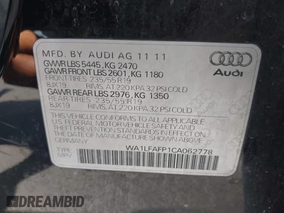 ✅ 2012 Audi Q5 Premium Plus • VIN: WA1LFAFP1CA062778 • Лот: 43568011. Опубликован ранее на IAAI с пробегом 218 338 миль. Бесплатный доступ к архиву аукционных продаж из США и подробный отчёт об истории автомобиля на DreamBid. Изображение 9.