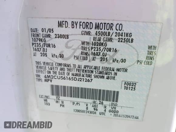 2005 Mercury Mariner Luxury z VIN 4M2CU56165DJ21267, wystawiony jako IAAI lot #41934003 z przebiegiem Nie podano mil oraz . Historia ofert i sprzedaży dostępna na DreamBid. Obrazek 9.