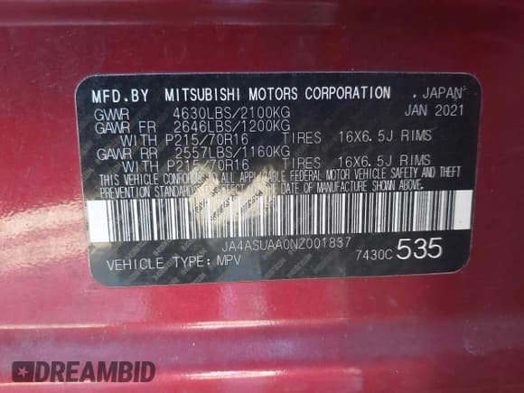 ✅ 2022 Mitsubishi Eclipse Cross ES • VIN: JA4ASUAA0NZ001837 • Lot: 41096518. Listed on IAAI with 91,117 mi. Free auction sales archive from the USA and detailed vehicle history report at DreamBid. Image 9.