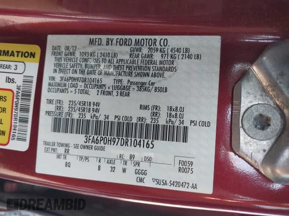 ✅ 2013 Ford Fusion SE • VIN: 3FA6P0H97DR104165 • Лот: 43310266. Опубликован ранее на IAAI с пробегом 190 714 миль. Бесплатный доступ к архиву аукционных продаж из США и подробный отчёт об истории автомобиля на DreamBid. Изображение 9.