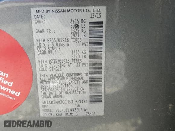 ✅ 2016 Nissan Pathfinder Platinum • VIN: 5N1AR2MM3GC613401 • Lot: 92986295. Listed on Copart with 193,658 mi. Free auction sales archive from the USA and detailed vehicle history report at DreamBid. Image 13.