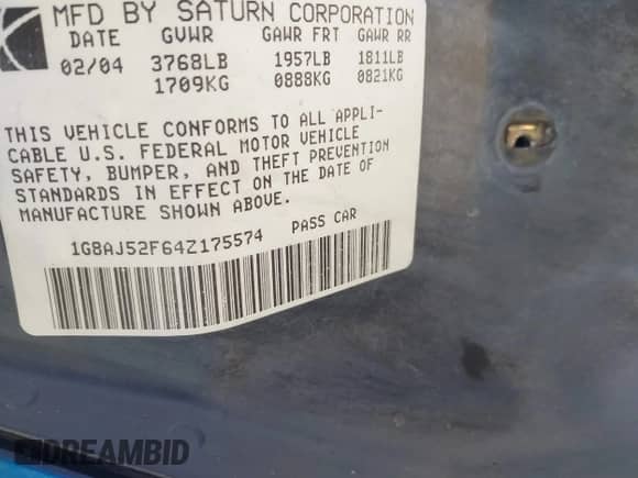 2004 Saturn ION ION 2 z VIN 1G8AJ52F64Z175574, wystawiony jako IAAI lot #42631828 z przebiegiem 193 569 mil mil oraz . Historia ofert i sprzedaży dostępna na DreamBid. Obrazek 9.