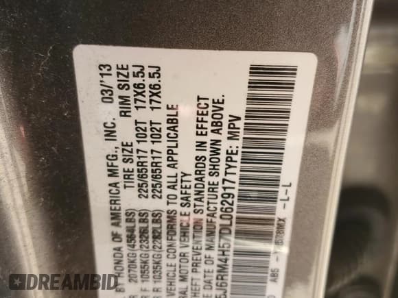 ✅ 2013 Honda CR-V EX • VIN: 5J6RM4H57DL062917 • Lot: 53546825. Wystawiony na Copart z przebiegiem 146 073 mil. Bezpłatny archiwum sprzedaży aukcyjnych z USA i szczegółowy raport historii pojazdu na DreamBid. Zdjęcie 13.