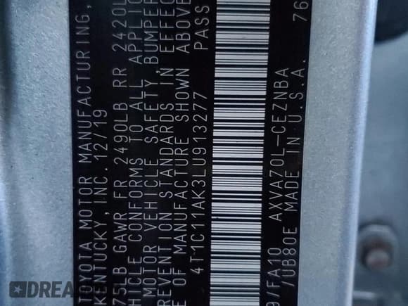 ✅ 2020 Toyota Camry LE • VIN: 4T1C11AK3LU913277 • Lot: 93247665. Listed on Copart with 225,112 mi. Free auction sales archive from the USA and detailed vehicle history report at DreamBid. Image 12.