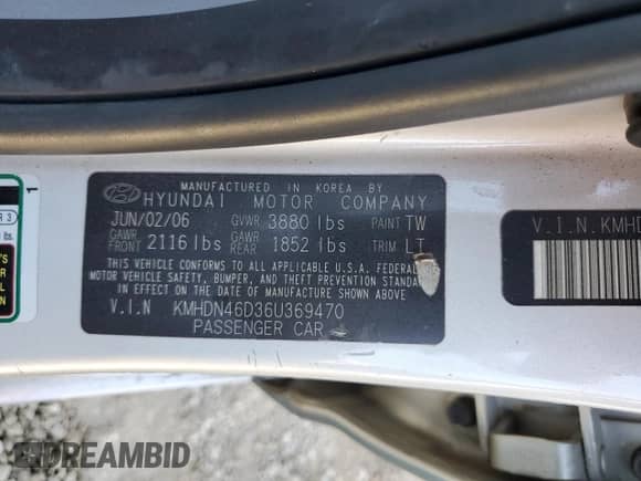 2006 Hyundai Elantra GLS с VIN KMHDN46D36U369470, выставлен на аукционе Copart как лот 84036784 с пробегом 183 230 миль миль и Списание • Salvage title. История ставок и продаж доступна на DreamBid. Изображение 12.