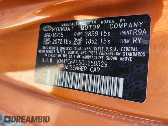 ✅ 2016 Hyundai Veloster Turbo • VIN: KMHTC6AE5GU258529 • Лот: 43705840. Опубликован ранее на IAAI с пробегом 80 463 миль. Бесплатный доступ к архиву аукционных продаж из США и подробный отчёт об истории автомобиля на DreamBid. Изображение 9.