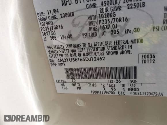 2005 Mercury Mariner Luxury z VIN 4M2YU56165DJ12462, wystawiony jako IAAI lot #41701579 z przebiegiem 252 874 mil mil oraz . Historia ofert i sprzedaży dostępna na DreamBid. Obrazek 9.