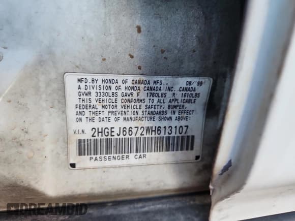 ✅ 1998 Honda Civic LX • VIN: 2HGEJ6672WH613107 • Lot: 84933505. Listed on Copart with 298,117 mi. Free auction sales archive from the USA and detailed vehicle history report at DreamBid. Image 12.