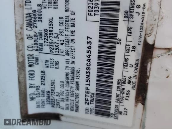 ✅ 1995 Ford F-150 • VIN: 2FTEF15N3SCA45637 • Lot: 84679054. Listed on Copart with Not provided. Free auction sales archive from the USA and detailed vehicle history report at DreamBid. Image 14.