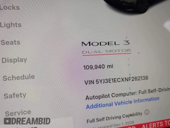 ✅ 2022 Tesla Model 3 Performance • VIN: 5YJ3E1ECXNF262138 • Lot: 43696054. Listed on IAAI with 109,940 mi. Free auction sales archive from the USA and detailed vehicle history report at DreamBid. Image 16.