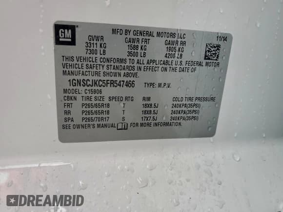 ✅ 2015 Chevrolet Suburban LT • VIN: 1GNSCJKC5FR547466 • Lot: 95803715. Listed on Copart with 167,557 mi. Free auction sales archive from the USA and detailed vehicle history report at DreamBid. Image 13.