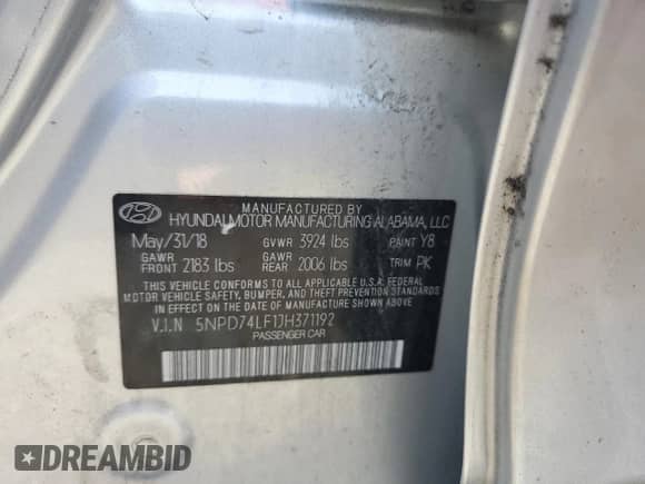 2018 Hyundai Elantra SE with VIN 5NPD74LF1JH371192, listed as a Copart auction lot 65885465 with Not provided miles and Salvage title. Bid and sale history available at DreamBid. Image 12.