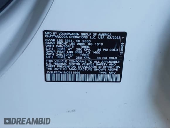 ✅ 2022 Volkswagen Atlas SE • VIN: 1V2LP2CA1NC531866 • Lot: 41677402. Wystawiony na IAAI z przebiegiem 35 407 mil. Bezpłatny archiwum sprzedaży aukcyjnych z USA i szczegółowy raport historii pojazdu na DreamBid. Zdjęcie 9.