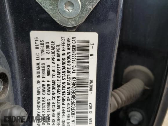 ✅ 2016 Honda Civic LX • VIN: 19XFC2F58GE024676 • Lot: 70344345. Listed on Copart with Not provided. Free auction sales archive from the USA and detailed vehicle history report at DreamBid. Image 12.