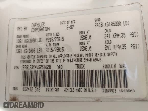 1997 Dodge Dakota with VIN 1B7GL23YXVS250828, listed as a IAAI auction lot 42728787 with 201,587 mi miles and . Bid and sale history available at DreamBid. Image 9.