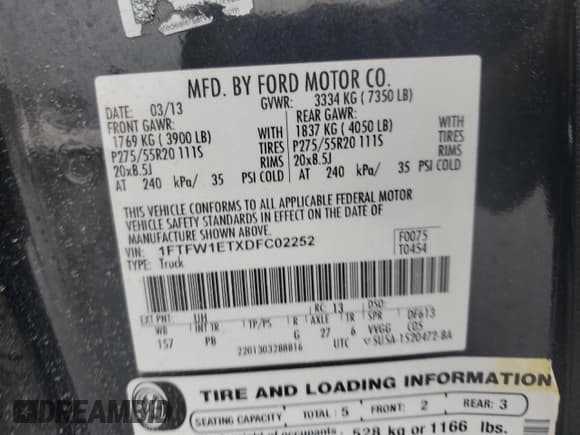 ✅ 2013 Ford F-150 XL • VIN: 1FTFW1ETXDFC02252 • Lot: 58925355. Listed on Copart with 195,412 mi. Free auction sales archive from the USA and detailed vehicle history report at DreamBid. Image 12.