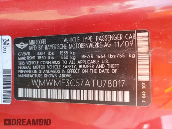 ✅ 2010 MINI Hardtop • VIN: WMWMF3C57ATU78017 • Lot: 91396535. Wystawiony na Copart z przebiegiem 46 943 mil. Bezpłatny archiwum sprzedaży aukcyjnych z USA i szczegółowy raport historii pojazdu na DreamBid. Zdjęcie 12.