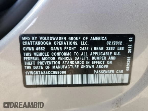 ✅ 2012 Volkswagen Passat SEL Premium • VIN: 1VWCN7A34CC059066 • Lot: 82473265. Listed on Copart with 113,586 mi. Free auction sales archive from the USA and detailed vehicle history report at DreamBid. Image 12.