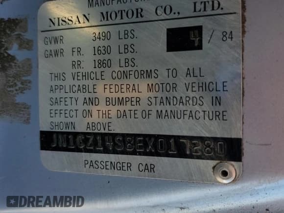 ✅ 1984 Nissan 300ZX • VIN: JN1CZ14S8EX017280 • Lot: 85945215. Listed on Copart with 107,512 mi. Free auction sales archive from the USA and detailed vehicle history report at DreamBid. Image 12.