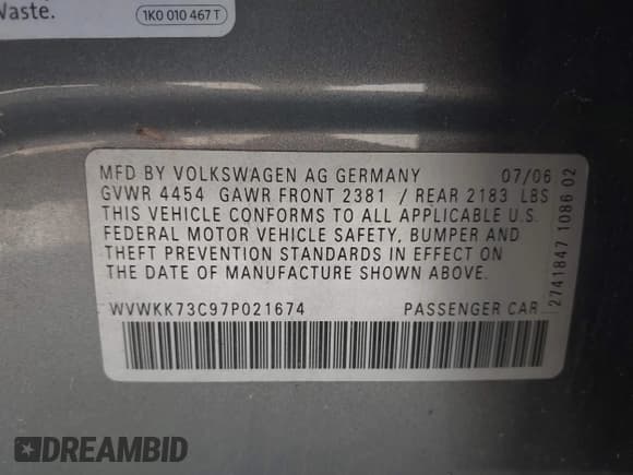 ✅ 2007 Volkswagen Passat • VIN: WVWKK73C97P021674 • Лот: 42797929. Опубликован ранее на IAAI с пробегом 117 687 миль. Бесплатный доступ к архиву аукционных продаж из США и подробный отчёт об истории автомобиля на DreamBid. Изображение 9.