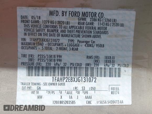 ✅ 2018 Ford Taurus SEL • VIN: 1FAHP2E8XJG131072 • Lot: 42145853. Listed on IAAI with 44,001 mi. Free auction sales archive from the USA and detailed vehicle history report at DreamBid. Image 9.