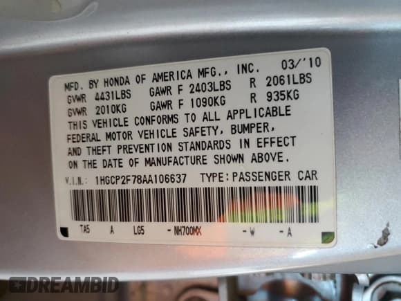 ✅ 2010 Honda Accord EX • VIN: 1HGCP2F78AA106637 • Lot: 92430835. Listed on Copart with 181,610 mi. Free auction sales archive from the USA and detailed vehicle history report at DreamBid. Image 13.