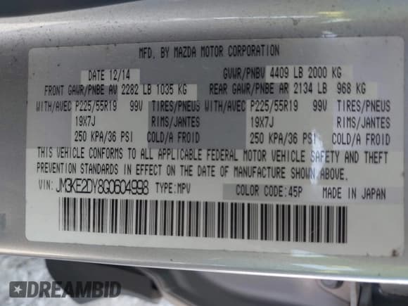 ✅ 2016 Mazda CX-5 Grand Touring • VIN: JM3KE2DY8G0604998 • Lot: 43696169. Listed on IAAI with 104,349 mi. Free auction sales archive from the USA and detailed vehicle history report at DreamBid. Image 9.