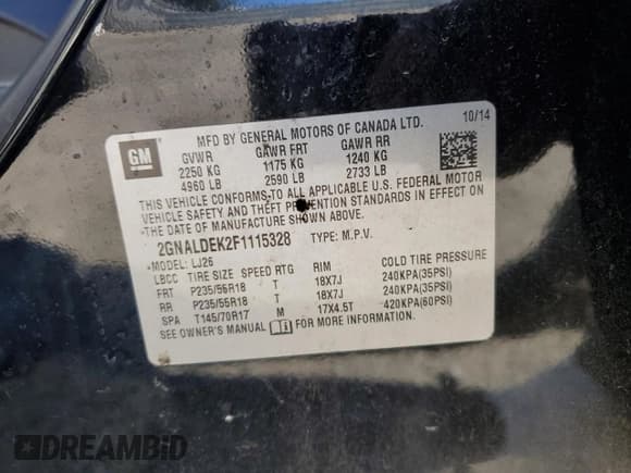 ✅ 2015 Chevrolet Equinox LTZ • VIN: 2GNALDEK2F1115328 • Lot: 91645785. Listed on Copart with 201,975 mi. Free auction sales archive from the USA and detailed vehicle history report at DreamBid. Image 13.