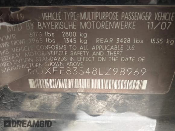 ✅ 2008 BMW X5 4.8i • VIN: 5UXFE83548LZ98969 • Lot: 43026475. Listed on IAAI with Not provided. Free auction sales archive from the USA and detailed vehicle history report at DreamBid. Image 9.