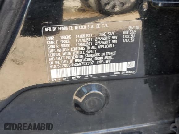 ✅ 2016 Honda HR-V EX • VIN: 3CZRU6H5XGM752997 • Lot: 83977625. Listed on Copart with 74,218 mi. Free auction sales archive from the USA and detailed vehicle history report at DreamBid. Image 12.