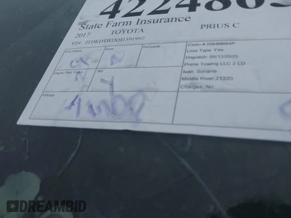 ✅ 2017 Toyota Prius One • VIN: JTDKDTB3XH1591997 • Lot: 42248659. Listed on IAAI with Not provided. Free auction sales archive from the USA and detailed vehicle history report at DreamBid. Image 7.