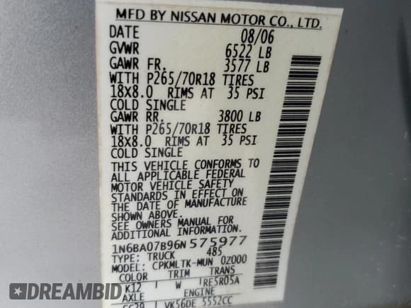 ✅ 2006 Nissan Titan SE • VIN: 1N6BA07B96N575977 • Lot: 50897375. Listed on Copart with 203,013 mi. Free auction sales archive from the USA and detailed vehicle history report at DreamBid. Image 12.