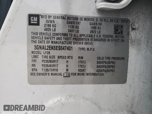 ✅ 2014 Chevrolet Captiva Sport LS • VIN: 3GNAL2EK6ES647401 • Lot: 49325235. Wystawiony na Copart z przebiegiem 99 389 mil. Bezpłatny archiwum sprzedaży aukcyjnych z USA i szczegółowy raport historii pojazdu na DreamBid. Zdjęcie 13.