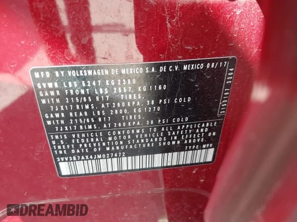 ✅ 2018 Volkswagen Tiguan SEL • VIN: 3VV3B7AX4JM027472 • Lot: 42398665. Listed on IAAI with 153,742 mi. Free auction sales archive from the USA and detailed vehicle history report at DreamBid. Image 9.