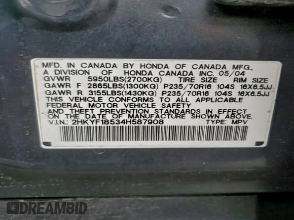 ✅ 2004 Honda Pilot EX • VIN: 2HKYF18534H587908 • Лот: 94661905. Опубликован ранее на Copart с пробегом 182 719 миль. Бесплатный доступ к архиву аукционных продаж из США и подробный отчёт об истории автомобиля на DreamBid. Изображение 13.