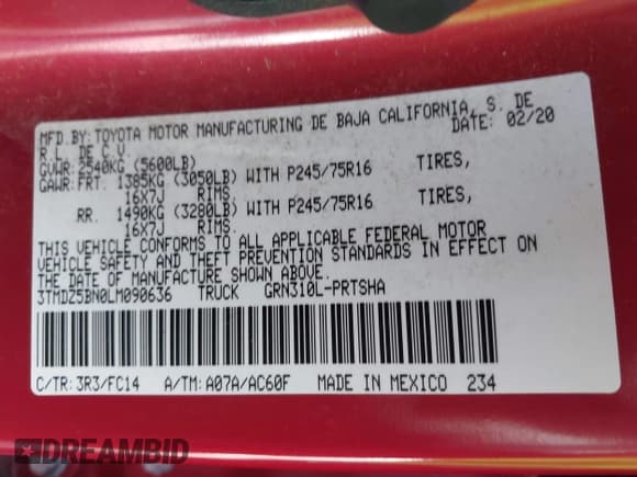 ✅ 2020 Toyota Tacoma SR5 • VIN: 3TMDZ5BN0LM090636 • Lot: 42941690. Listed on IAAI with 102,493 mi. Free auction sales archive from the USA and detailed vehicle history report at DreamBid. Image 9.