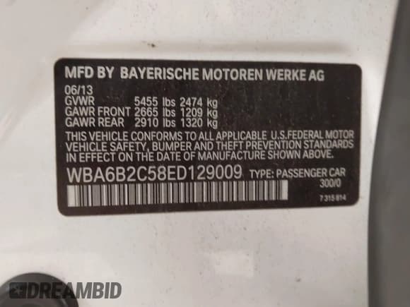 ✅ 2014 BMW 6 Series 650i • VIN: WBA6B2C58ED129009 • Lot: 43546135. Listed on IAAI with 123,509 mi. Free auction sales archive from the USA and detailed vehicle history report at DreamBid. Image 9.